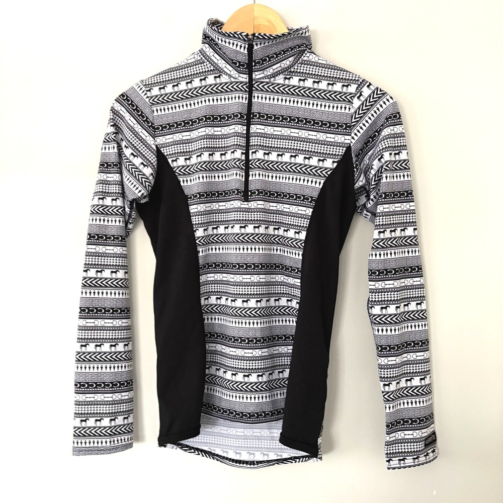 Kerrits Performance Riding Top XS Black White Horse Bit Long Sleeve Quarter‎ Zip